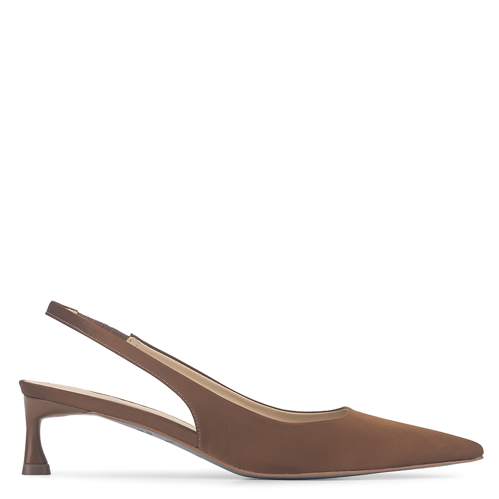 Scarpin Slingback Stefania Cetim Marrom Claro