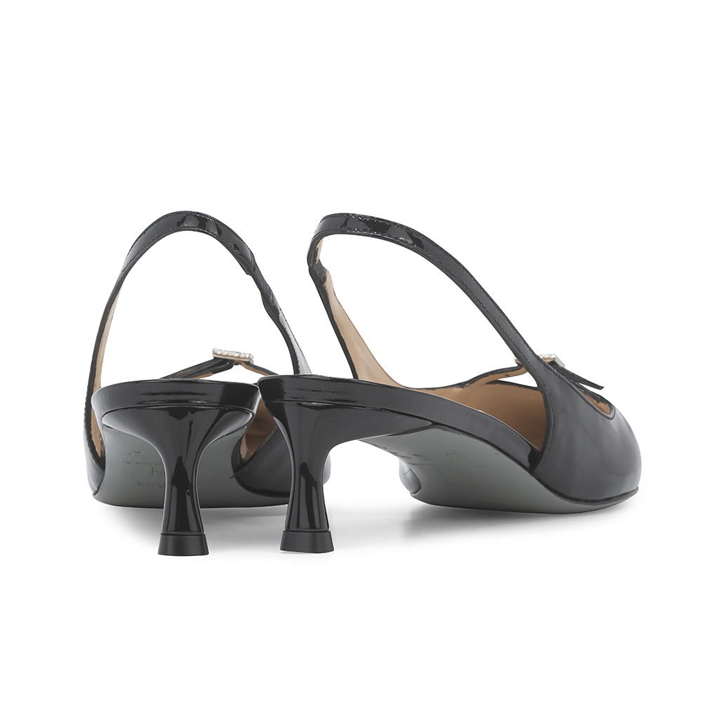 Scarpin feminino, scarpin verniz, scarpin preto, salto baixo, salto kitten, slingback, traseiro aberto