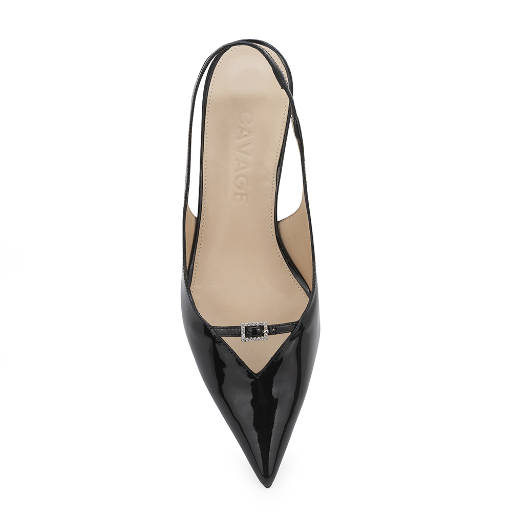 Scarpin feminino, scarpin verniz, scarpin preto, salto baixo, salto kitten, slingback, traseiro aberto