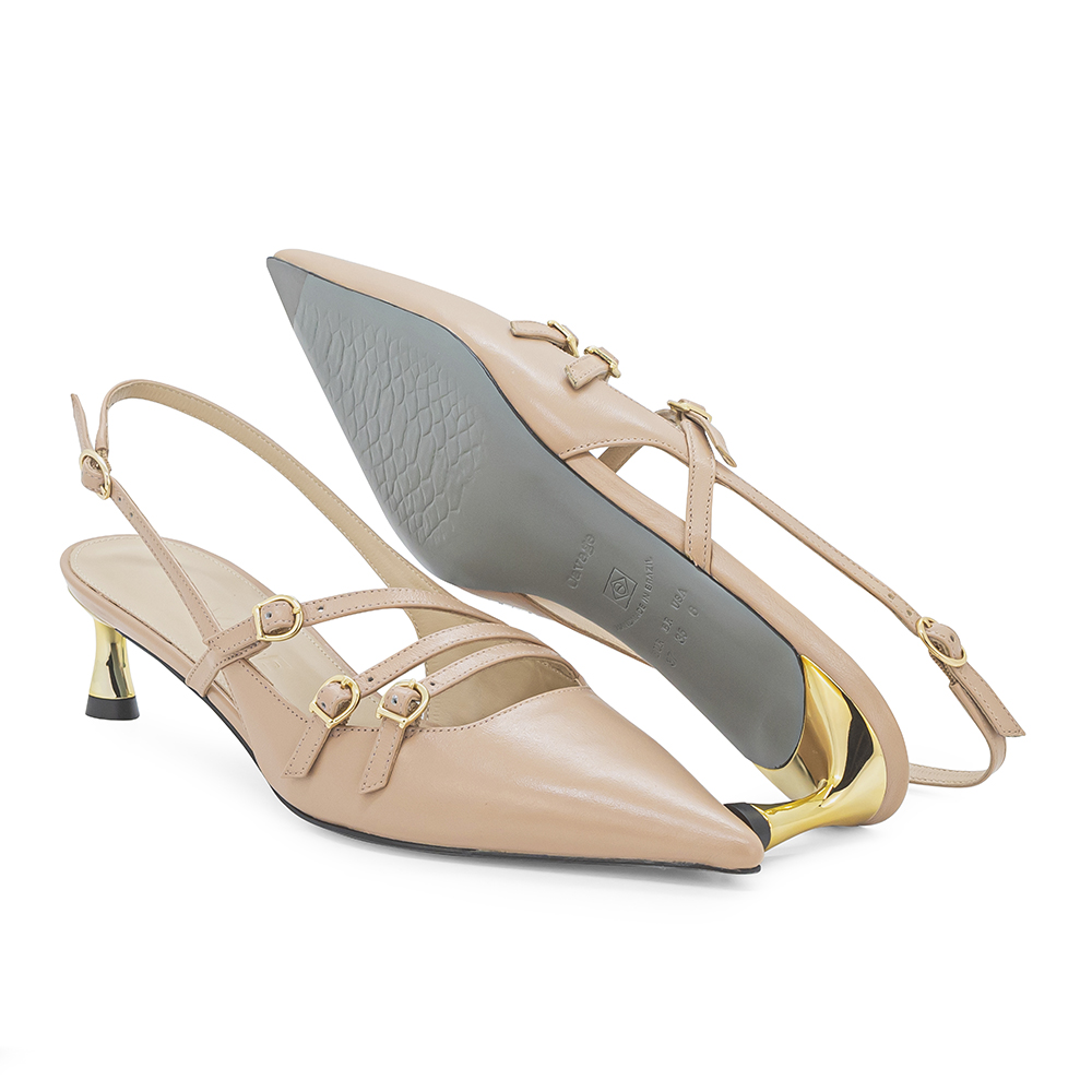 Scarpin feminino, scarpin couro, scarpin nude, slingback, traseiro aberto, bico fino, fivelas, salto kitten