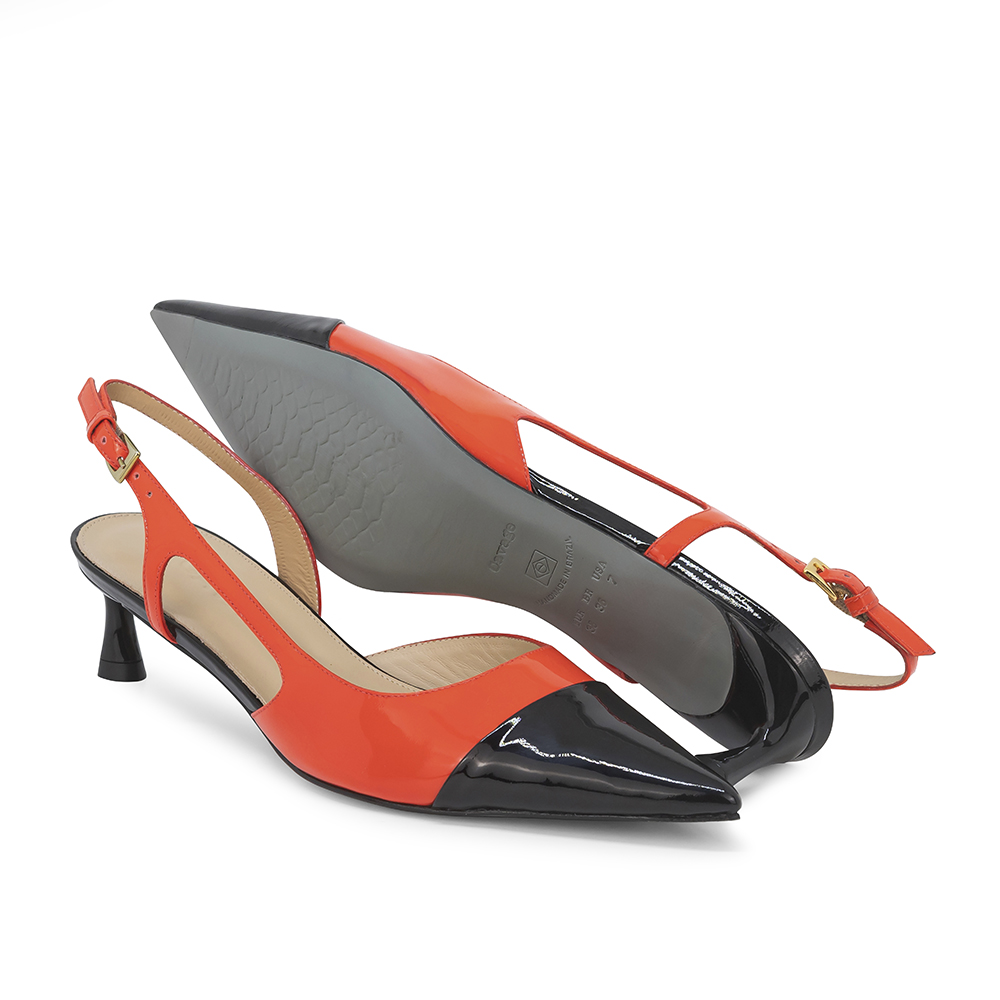 Scarpin feminino, scarpin couro, scarpin vermelho, scarpin bicolor, salto kitten, slingback, traseiro aberto, bico fino