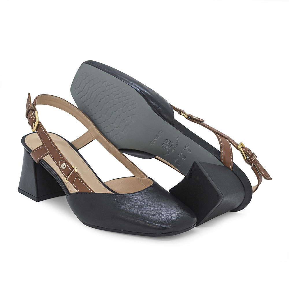 scarpin feminino, scarpin couro, salto bloco, slingback, traseiro aberto, scarpin preto, bico quadrado